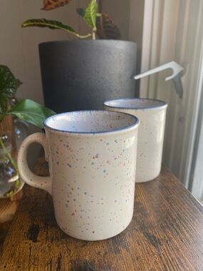 Speckled White Made in England Ceramic Mugs with Blue Rim - Set of 2